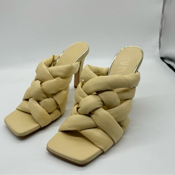 Zara padded woven leather heeled mules, cream yellow 40 square toe - Picture 2 of 8